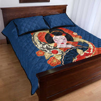 Japanese Geisha Koi Fish Quilt Bed Set Cherry Blossoms Blue Seigaiha Pattern - Wonder Print Shop