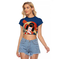Japanese Geisha Koi Fish Raglan Cropped T Shirt Cherry Blossoms Blue Seigaiha Pattern - Wonder Print Shop