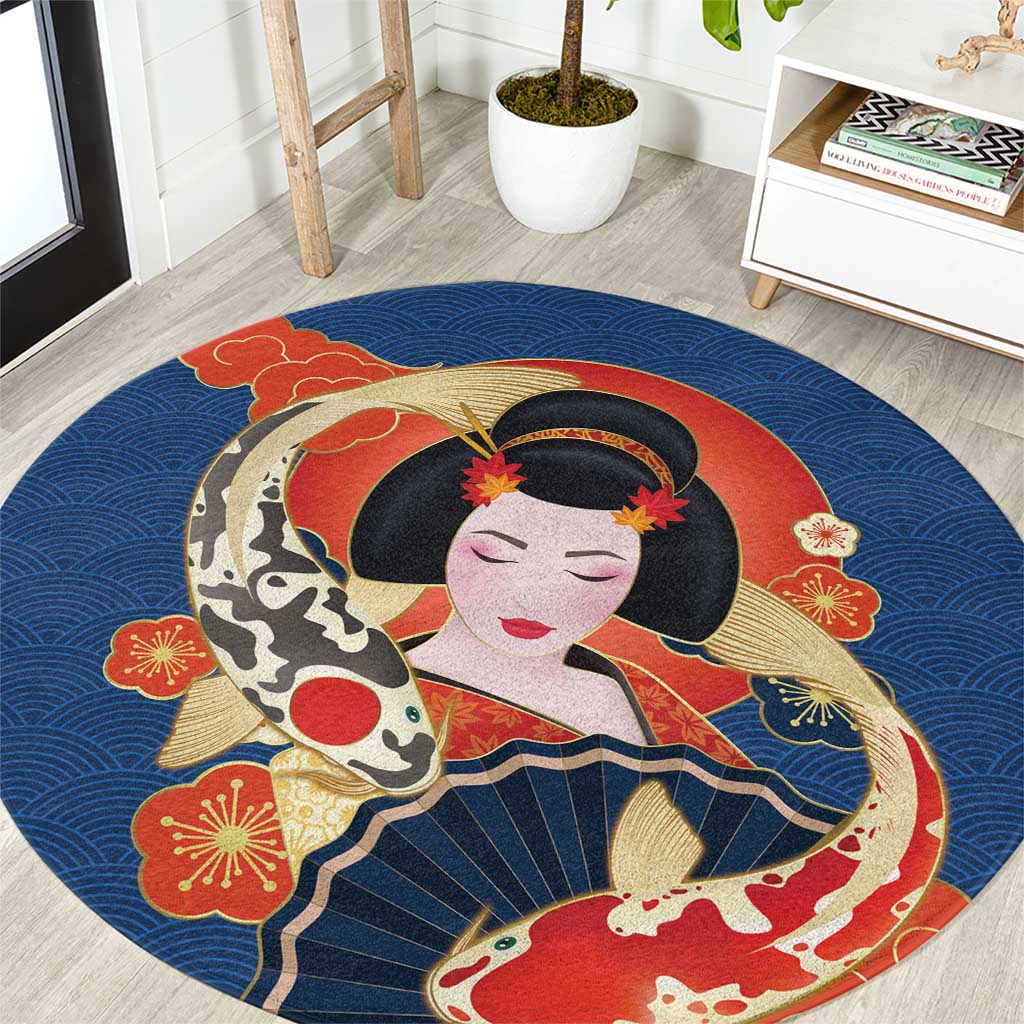 Japanese Geisha Koi Fish Round Carpet Cherry Blossoms Blue Seigaiha Pattern - Wonder Print Shop