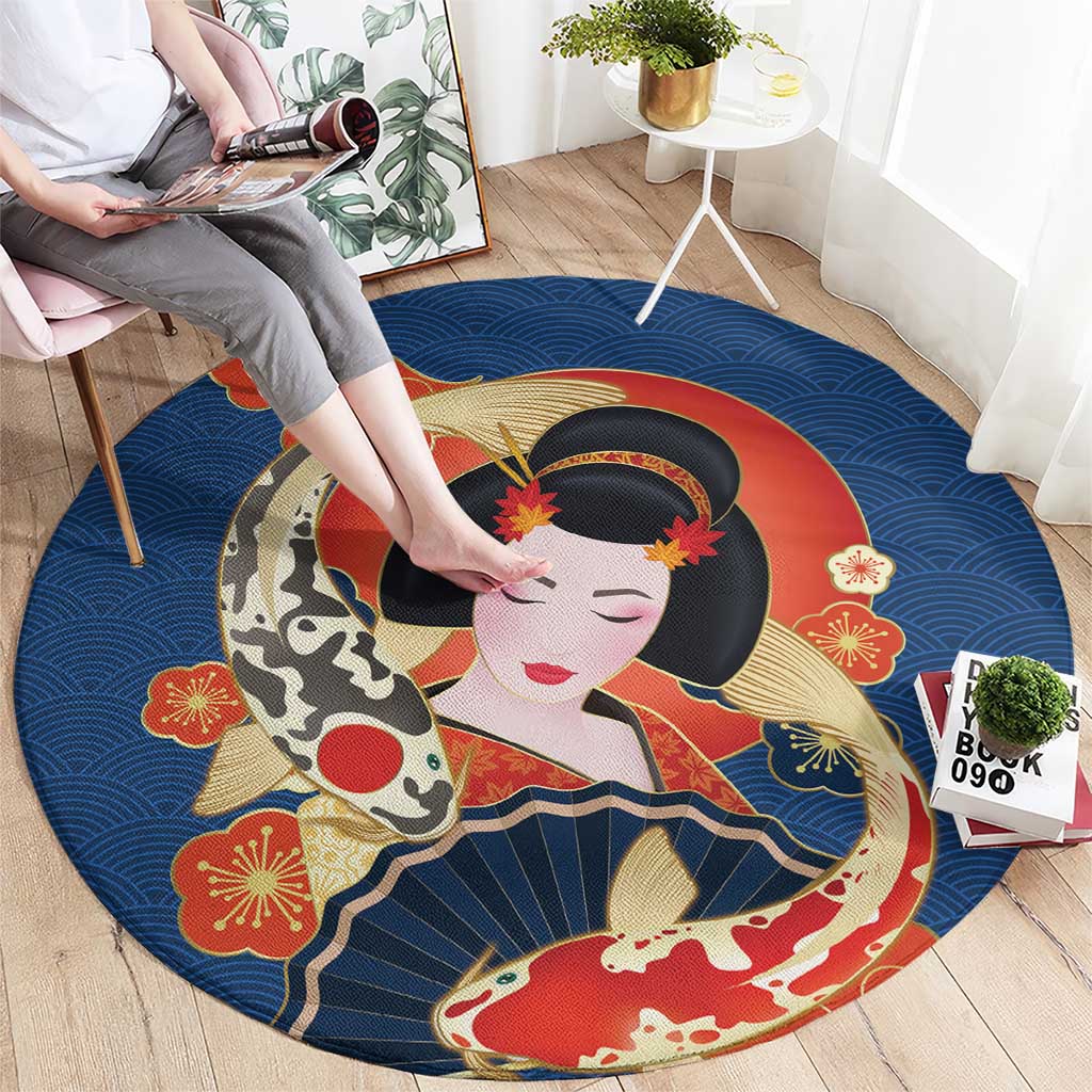 Japanese Geisha Koi Fish Round Carpet Cherry Blossoms Blue Seigaiha Pattern - Wonder Print Shop