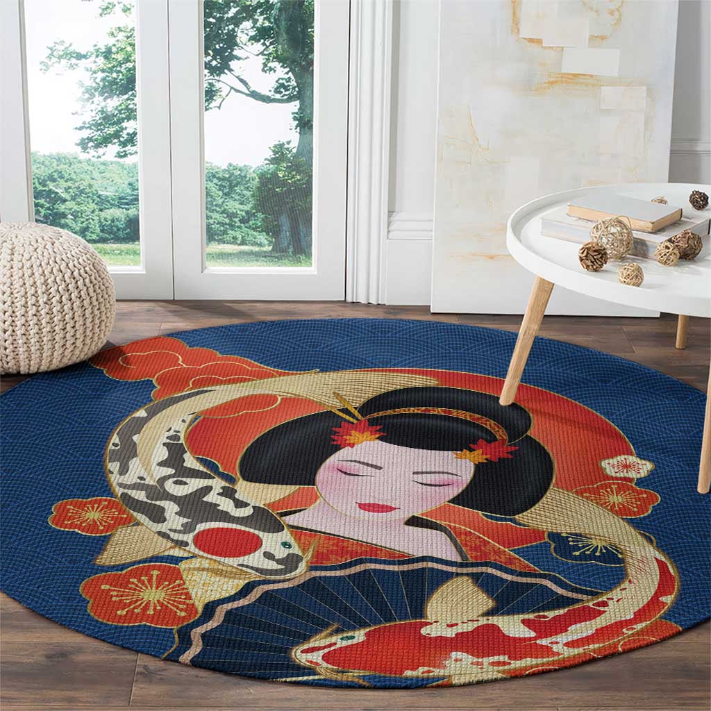 Japanese Geisha Koi Fish Round Carpet Cherry Blossoms Blue Seigaiha Pattern - Wonder Print Shop