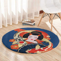 Japanese Geisha Koi Fish Round Carpet Cherry Blossoms Blue Seigaiha Pattern - Wonder Print Shop