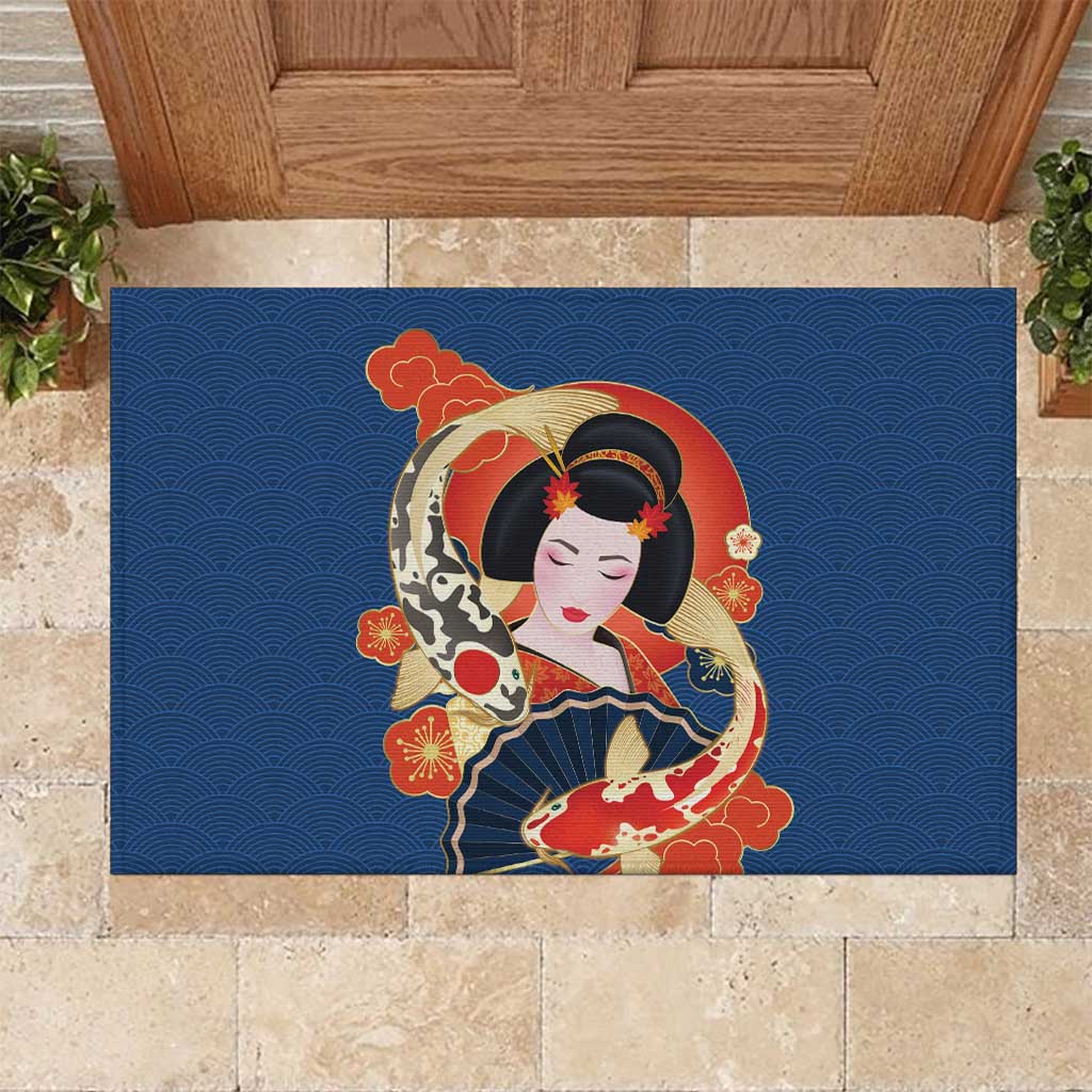 Japanese Geisha Koi Fish Rubber Doormat Cherry Blossoms Blue Seigaiha Pattern - Wonder Print Shop