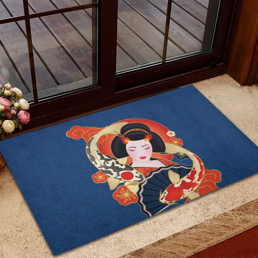 Japanese Geisha Koi Fish Rubber Doormat Cherry Blossoms Blue Seigaiha Pattern - Wonder Print Shop