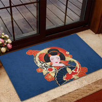 Japanese Geisha Koi Fish Rubber Doormat Cherry Blossoms Blue Seigaiha Pattern - Wonder Print Shop