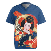 Japanese Geisha Koi Fish Rugby Jersey Cherry Blossoms Blue Seigaiha Pattern - Wonder Print Shop