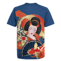 Japanese Geisha Koi Fish Rugby Jersey Cherry Blossoms Blue Seigaiha Pattern - Wonder Print Shop