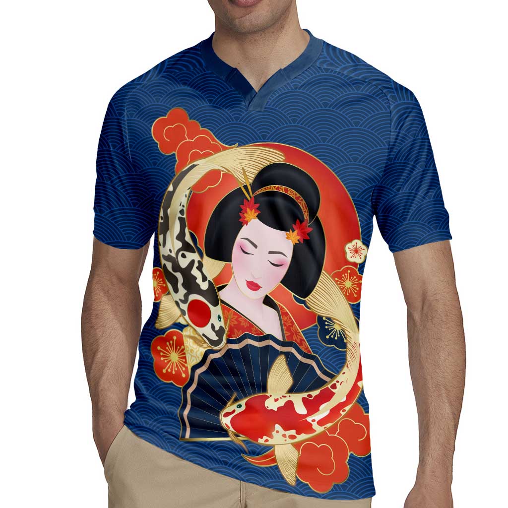 Japanese Geisha Koi Fish Rugby Jersey Cherry Blossoms Blue Seigaiha Pattern - Wonder Print Shop