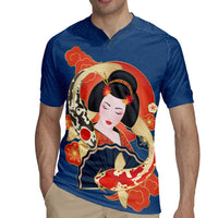 Japanese Geisha Koi Fish Rugby Jersey Cherry Blossoms Blue Seigaiha Pattern - Wonder Print Shop