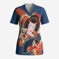 Japanese Geisha Koi Fish Scrub Top Cherry Blossoms Blue Seigaiha Pattern - Wonder Print Shop