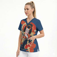 Japanese Geisha Koi Fish Scrub Top Cherry Blossoms Blue Seigaiha Pattern - Wonder Print Shop