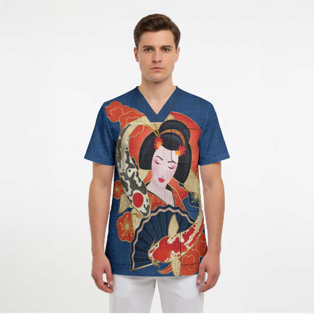 Japanese Geisha Koi Fish Scrub Top Cherry Blossoms Blue Seigaiha Pattern - Wonder Print Shop