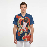 Japanese Geisha Koi Fish Scrub Top Cherry Blossoms Blue Seigaiha Pattern - Wonder Print Shop