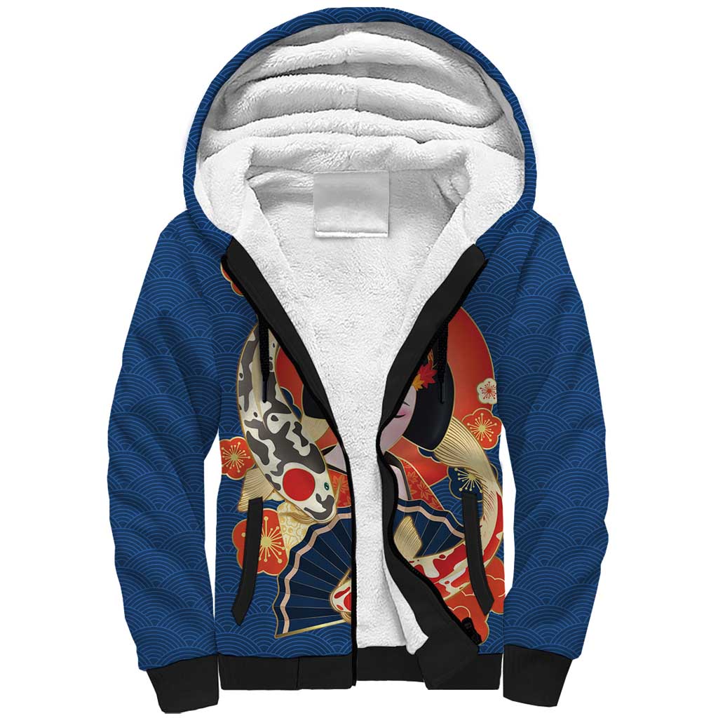 Japanese Geisha Koi Fish Sherpa Hoodie Cherry Blossoms Blue Seigaiha Pattern - Wonder Print Shop