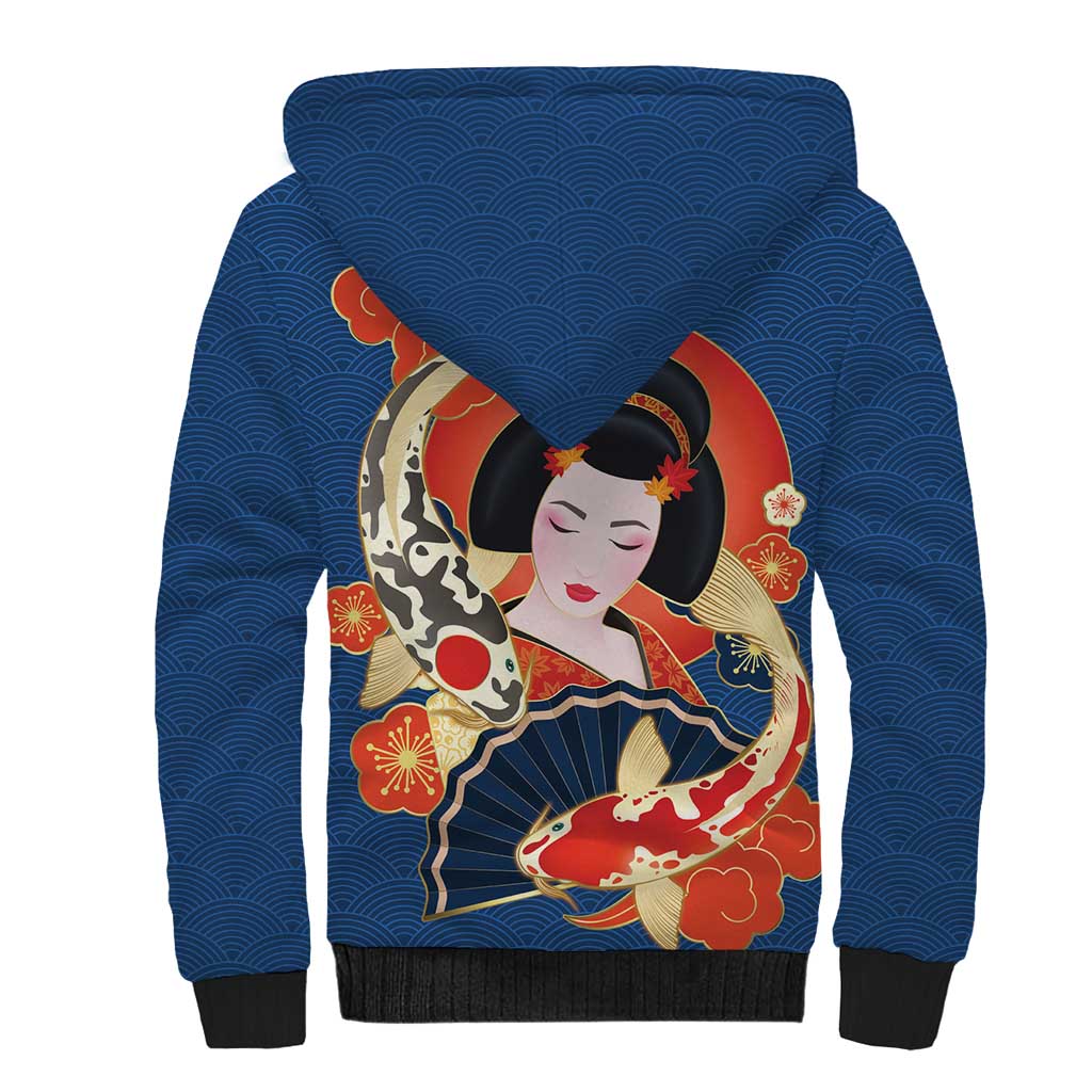 Japanese Geisha Koi Fish Sherpa Hoodie Cherry Blossoms Blue Seigaiha Pattern - Wonder Print Shop