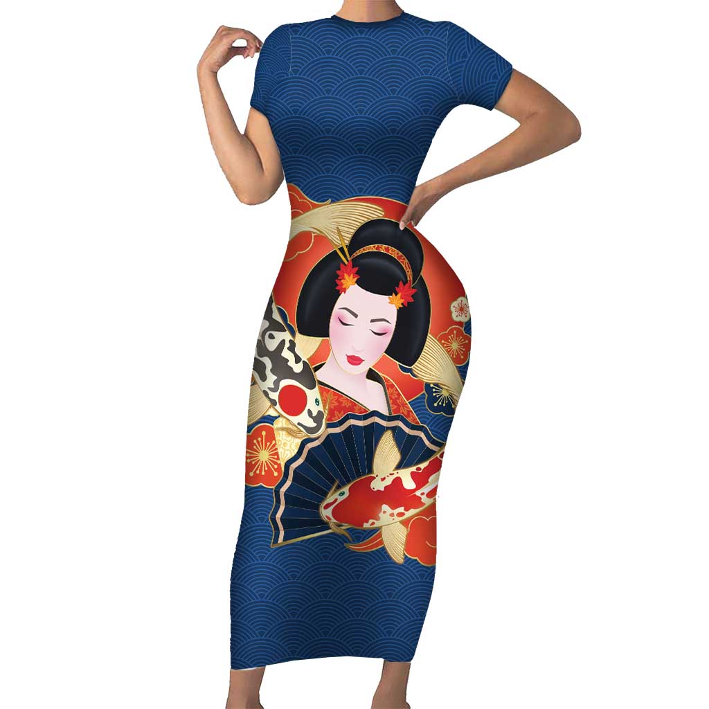 Japanese Geisha Koi Fish Short Sleeve Bodycon Dress Cherry Blossoms Blue Seigaiha Pattern - Wonder Print Shop