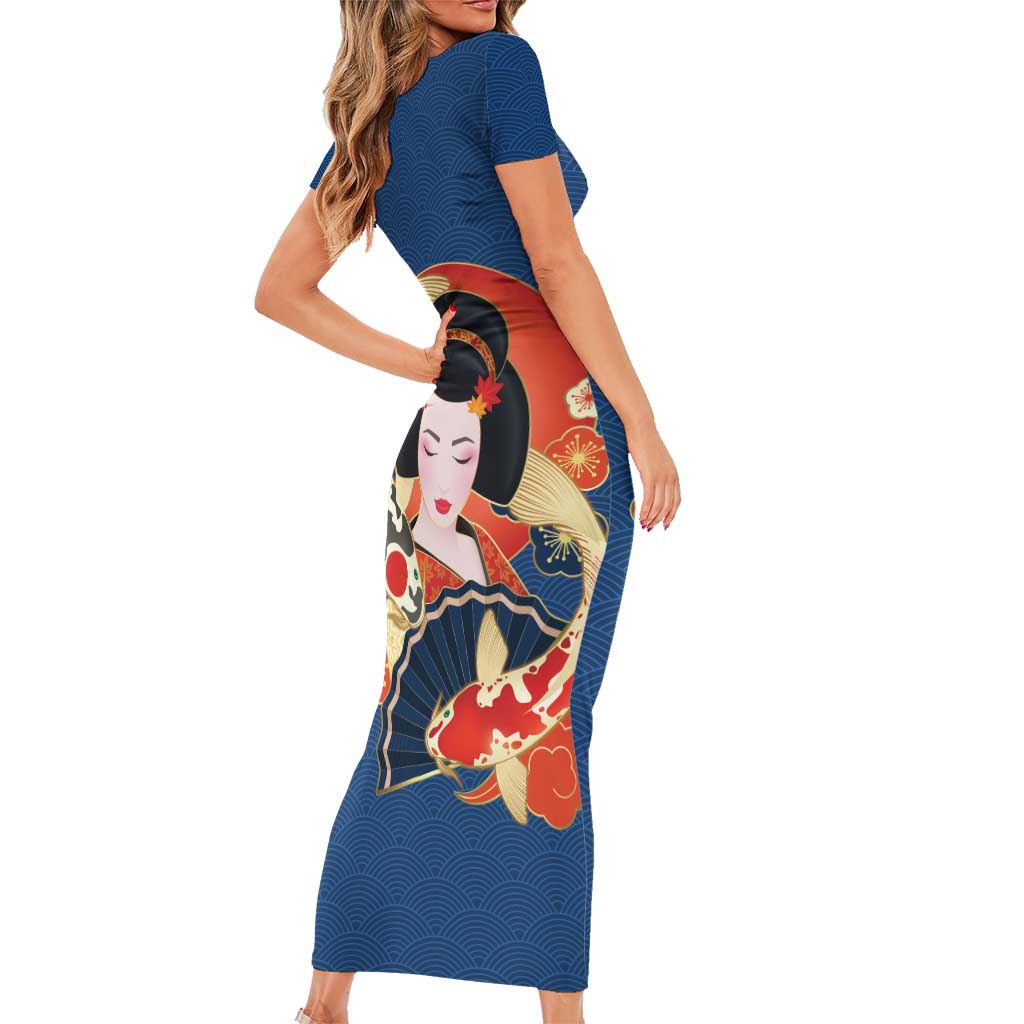 Japanese Geisha Koi Fish Short Sleeve Bodycon Dress Cherry Blossoms Blue Seigaiha Pattern - Wonder Print Shop