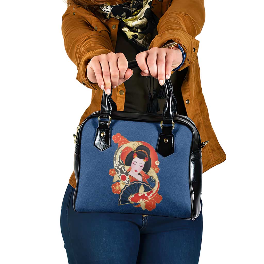 Japanese Geisha Koi Fish Shoulder Handbag Cherry Blossoms Blue Seigaiha Pattern - Wonder Print Shop
