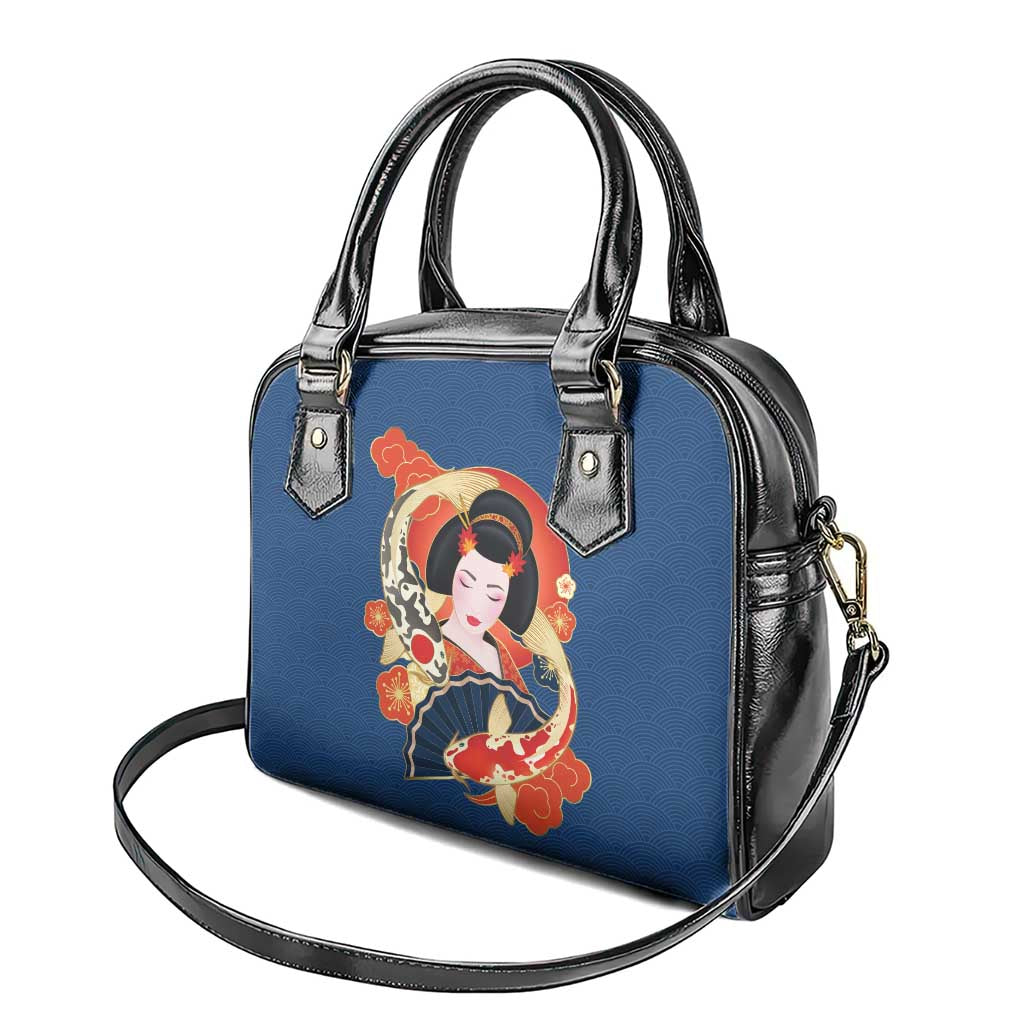 Japanese Geisha Koi Fish Shoulder Handbag Cherry Blossoms Blue Seigaiha Pattern - Wonder Print Shop