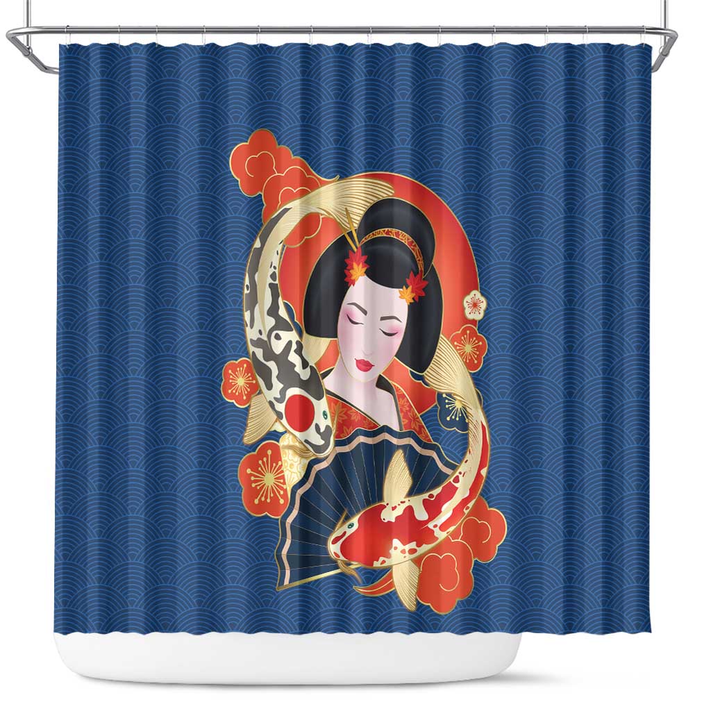 Japanese Geisha Koi Fish Shower Curtain Cherry Blossoms Blue Seigaiha Pattern - Wonder Print Shop