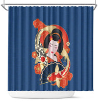 Japanese Geisha Koi Fish Shower Curtain Cherry Blossoms Blue Seigaiha Pattern - Wonder Print Shop