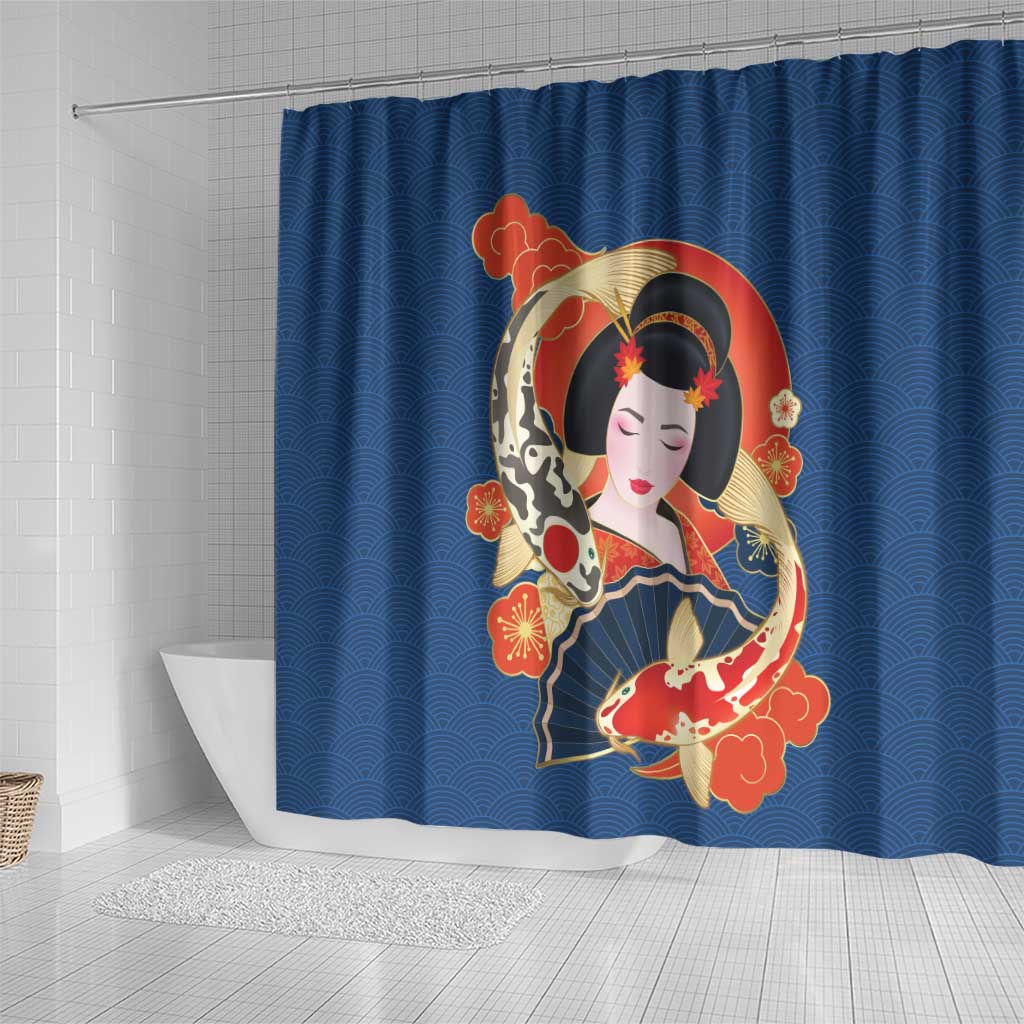 Japanese Geisha Koi Fish Shower Curtain Cherry Blossoms Blue Seigaiha Pattern - Wonder Print Shop
