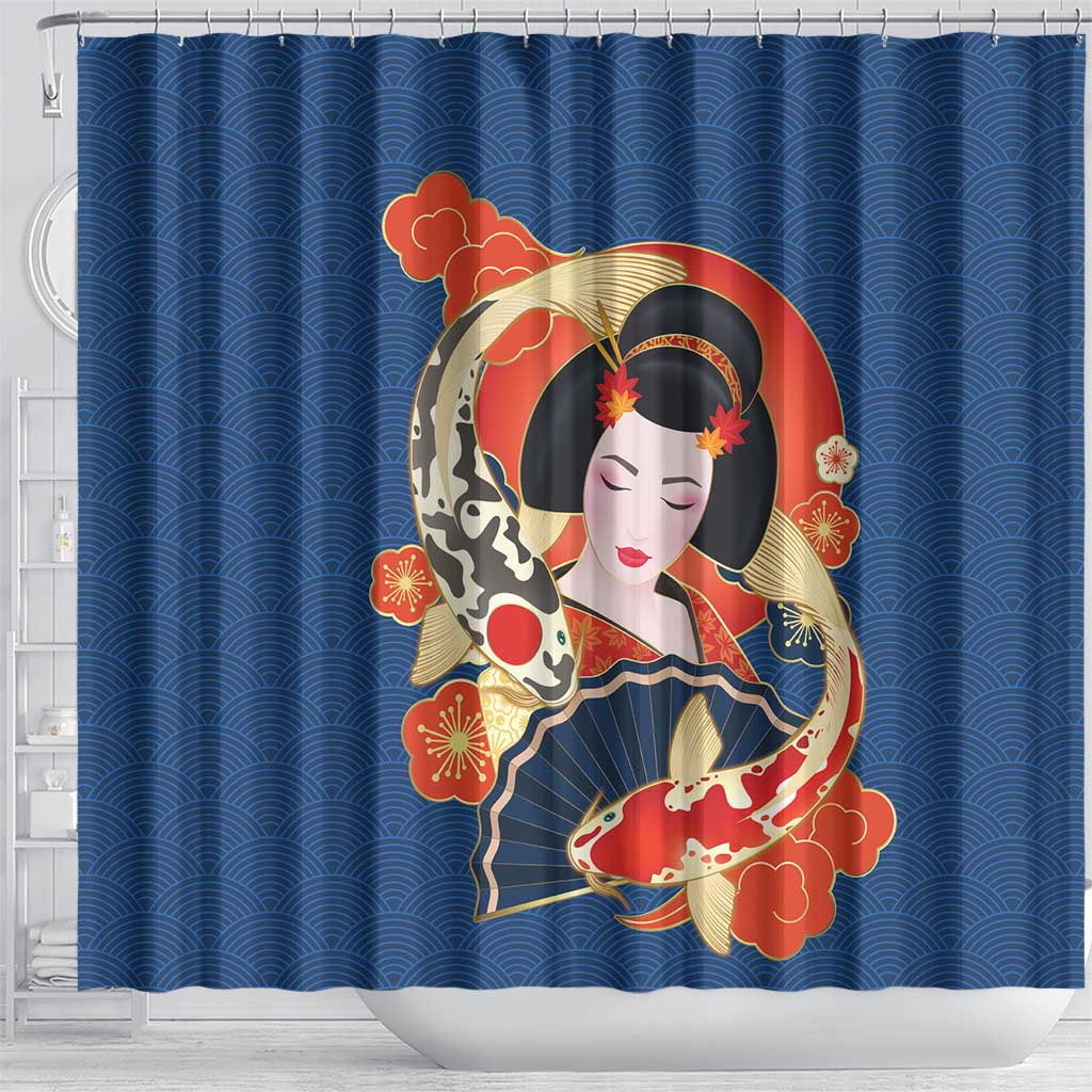Japanese Geisha Koi Fish Shower Curtain Cherry Blossoms Blue Seigaiha Pattern - Wonder Print Shop