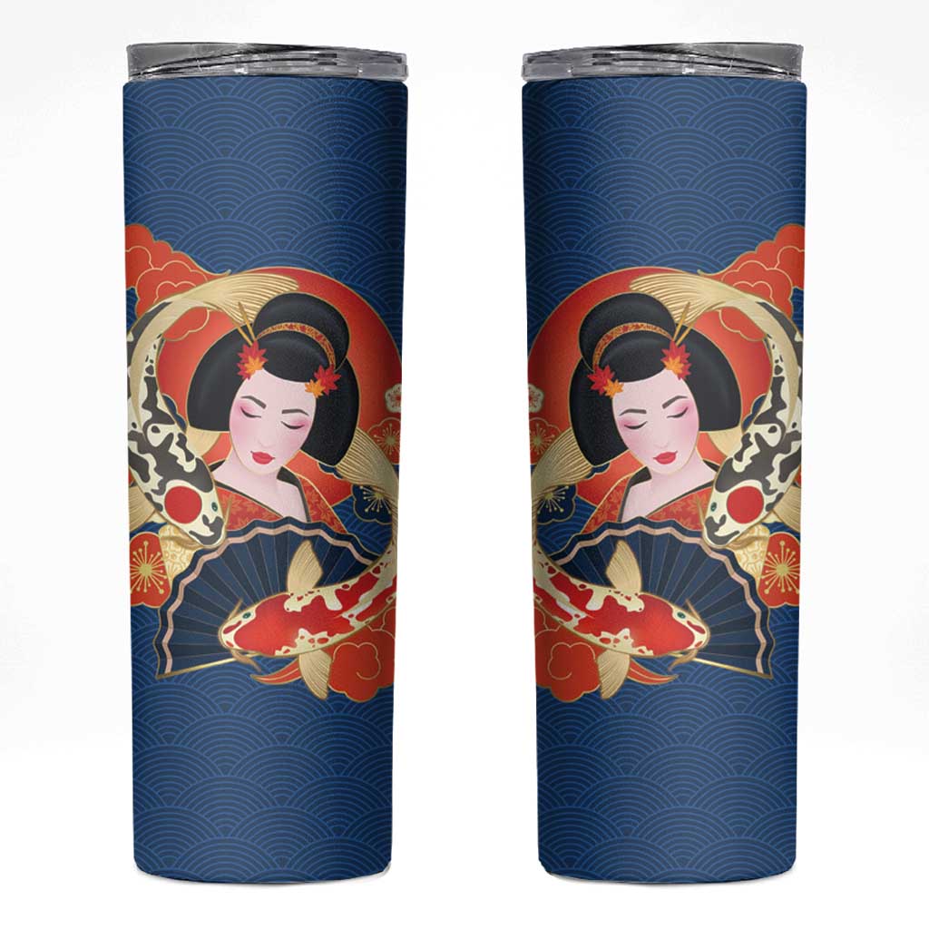 Japanese Geisha Koi Fish Skinny Tumbler Cherry Blossoms Blue Seigaiha Pattern - Wonder Print Shop