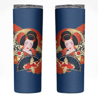 Japanese Geisha Koi Fish Skinny Tumbler Cherry Blossoms Blue Seigaiha Pattern - Wonder Print Shop