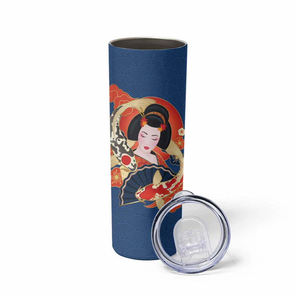 Japanese Geisha Koi Fish Skinny Tumbler Cherry Blossoms Blue Seigaiha Pattern - Wonder Print Shop
