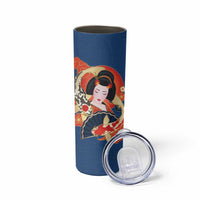Japanese Geisha Koi Fish Skinny Tumbler Cherry Blossoms Blue Seigaiha Pattern - Wonder Print Shop