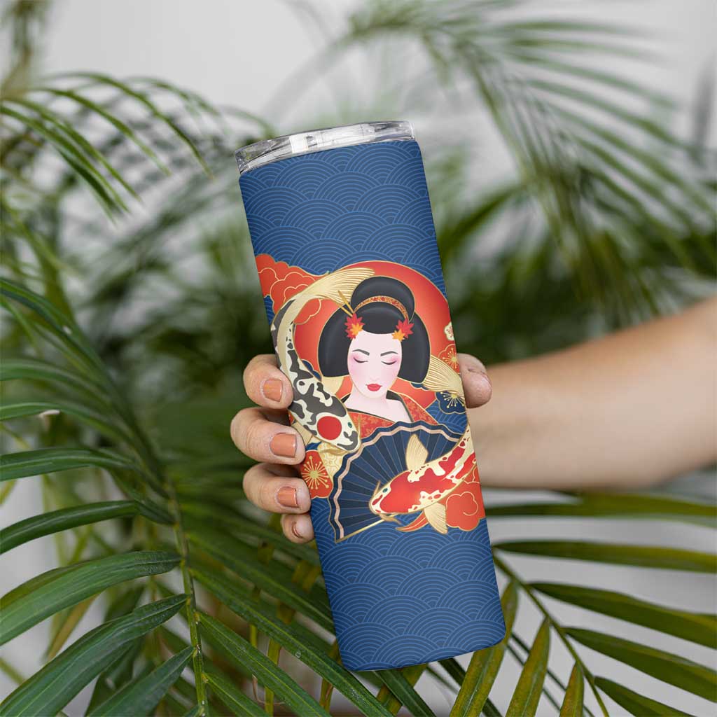 Japanese Geisha Koi Fish Skinny Tumbler Cherry Blossoms Blue Seigaiha Pattern - Wonder Print Shop