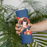 Japanese Geisha Koi Fish Skinny Tumbler Cherry Blossoms Blue Seigaiha Pattern - Wonder Print Shop