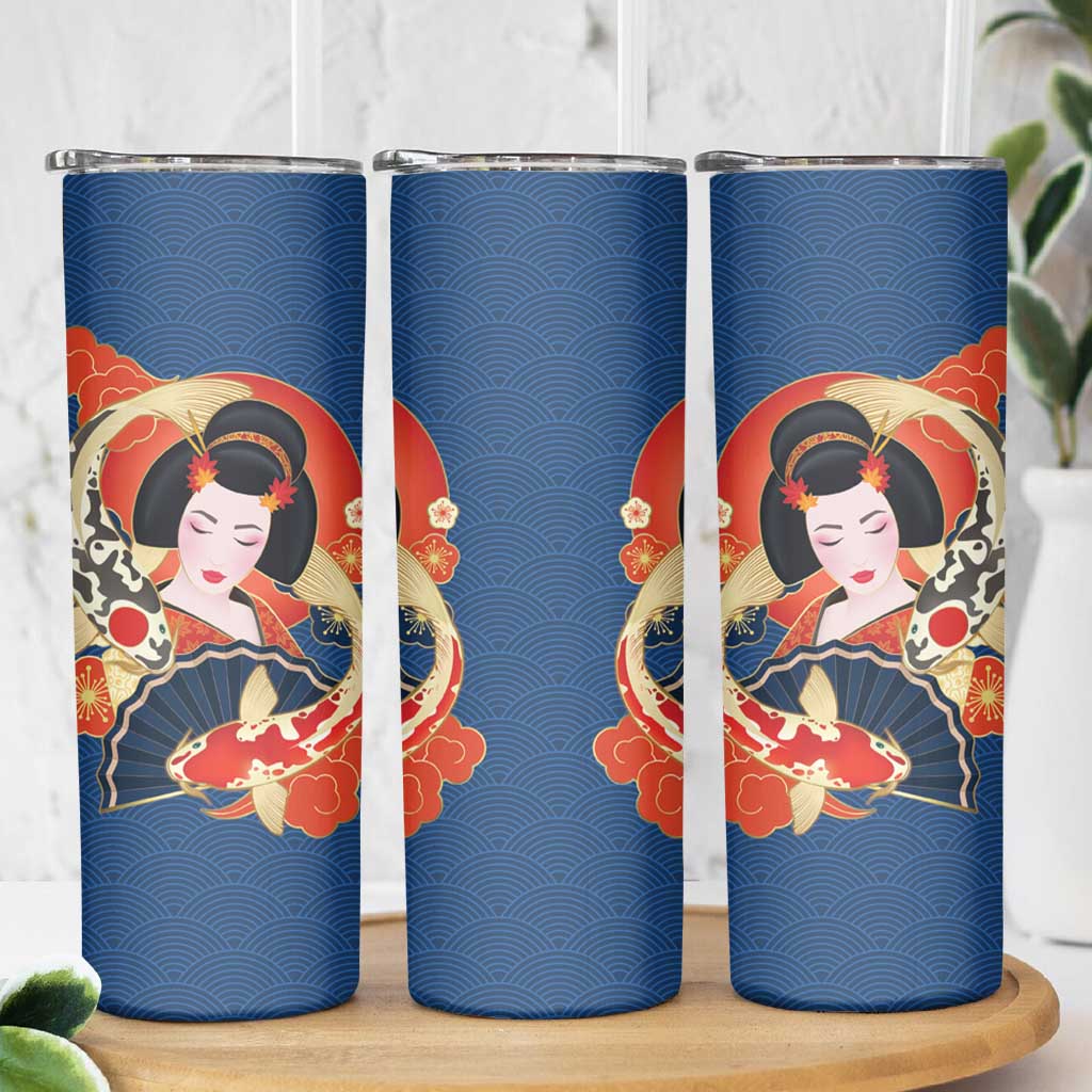 Japanese Geisha Koi Fish Skinny Tumbler Cherry Blossoms Blue Seigaiha Pattern - Wonder Print Shop