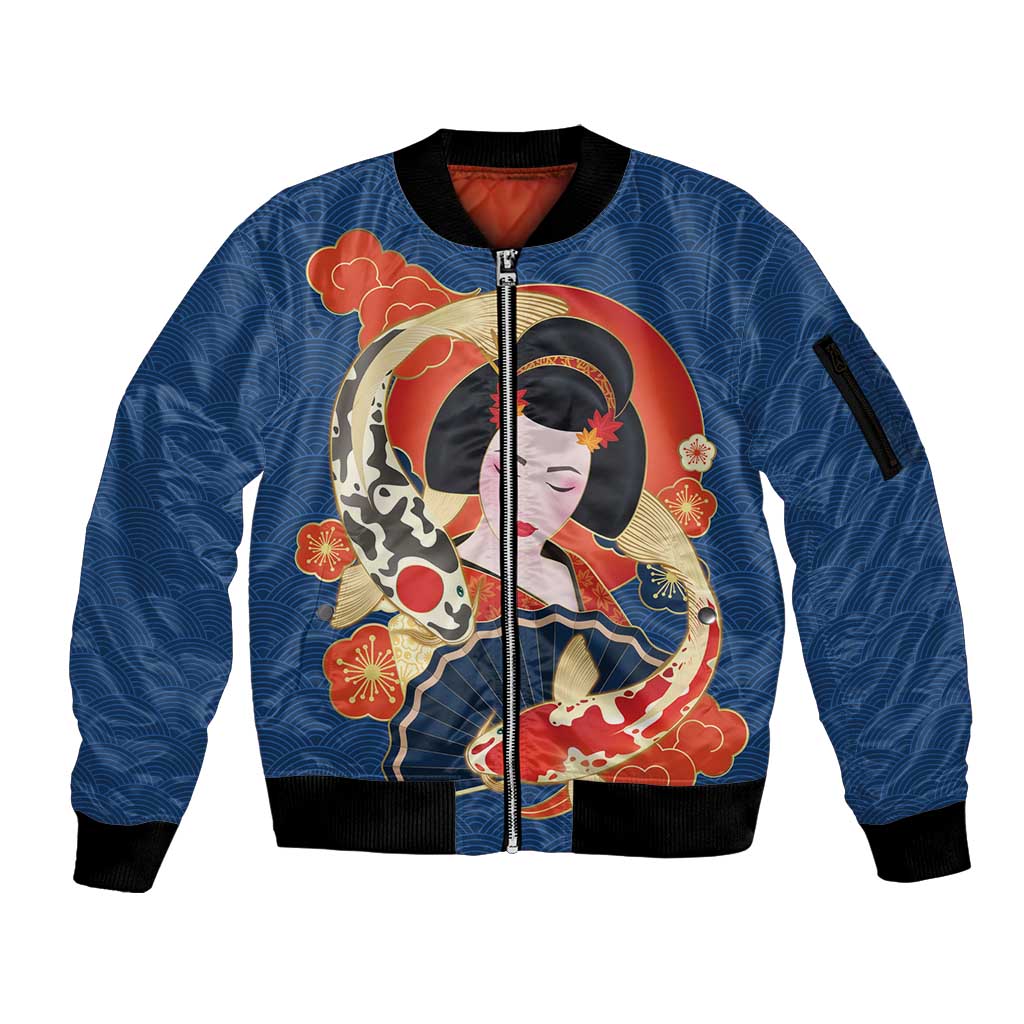 Japanese Geisha Koi Fish Sleeve Zip Bomber Jacket Cherry Blossoms Blue Seigaiha Pattern - Wonder Print Shop