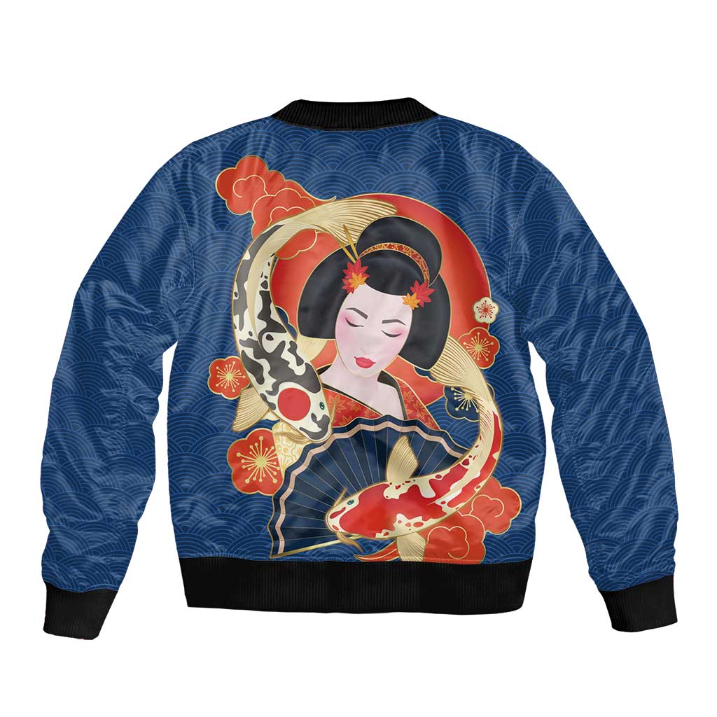 Japanese Geisha Koi Fish Sleeve Zip Bomber Jacket Cherry Blossoms Blue Seigaiha Pattern - Wonder Print Shop
