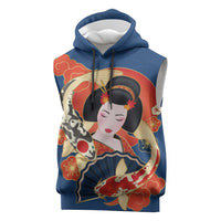 Japanese Geisha Koi Fish Sleeveless Hoodie Cherry Blossoms Blue Seigaiha Pattern - Wonder Print Shop