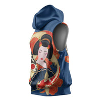 Japanese Geisha Koi Fish Sleeveless Hoodie Cherry Blossoms Blue Seigaiha Pattern - Wonder Print Shop