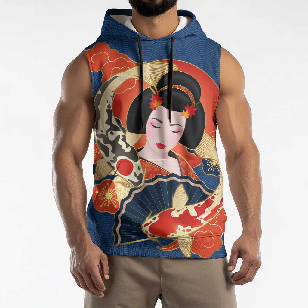 Japanese Geisha Koi Fish Sleeveless Hoodie Cherry Blossoms Blue Seigaiha Pattern - Wonder Print Shop