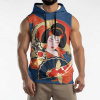 Japanese Geisha Koi Fish Sleeveless Hoodie Cherry Blossoms Blue Seigaiha Pattern - Wonder Print Shop
