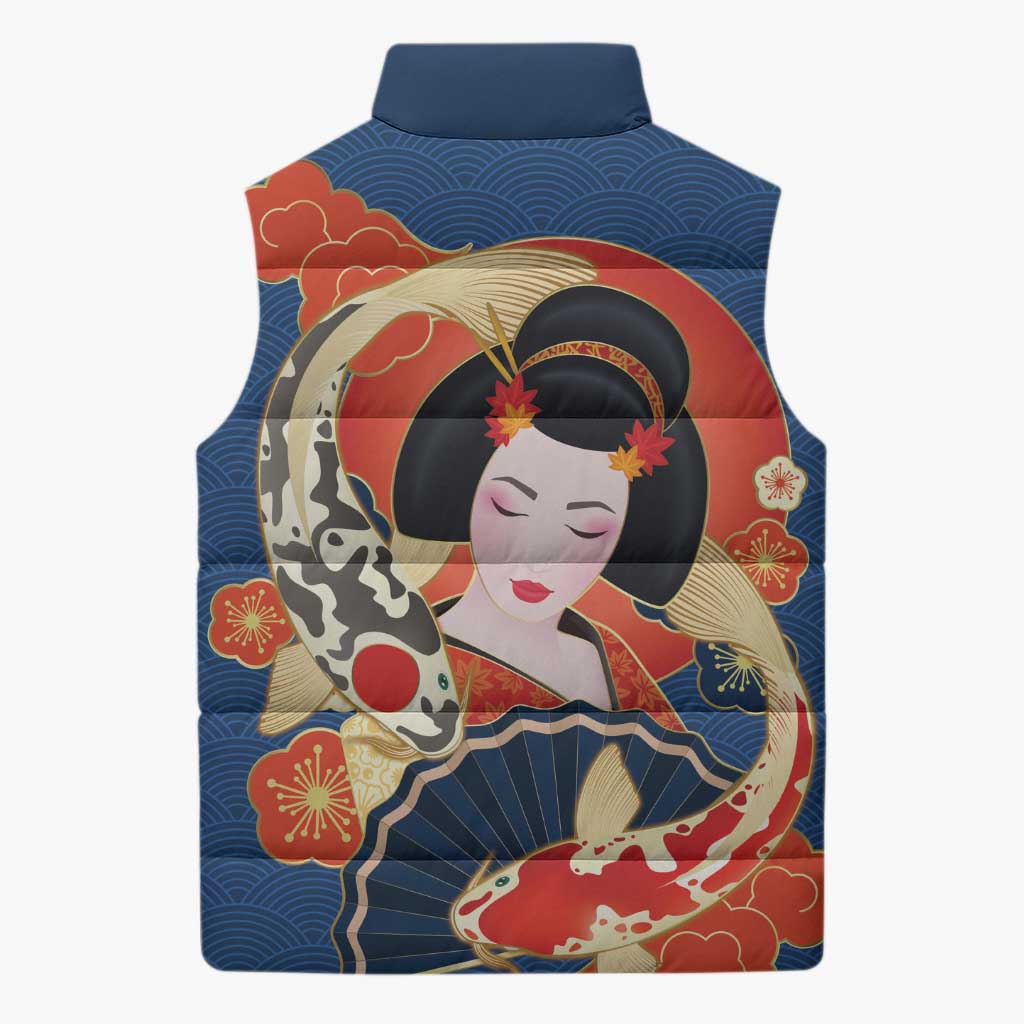 Japanese Geisha Koi Fish Sleeveless Puffer Jacket Cherry Blossoms Blue Seigaiha Pattern - Wonder Print Shop