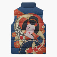 Japanese Geisha Koi Fish Sleeveless Puffer Jacket Cherry Blossoms Blue Seigaiha Pattern - Wonder Print Shop