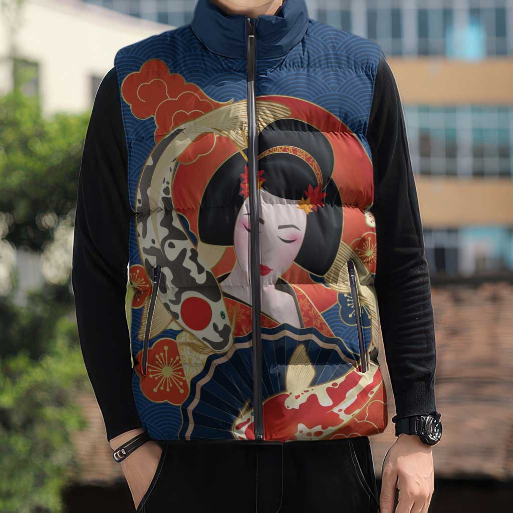 Japanese Geisha Koi Fish Sleeveless Puffer Jacket Cherry Blossoms Blue Seigaiha Pattern - Wonder Print Shop