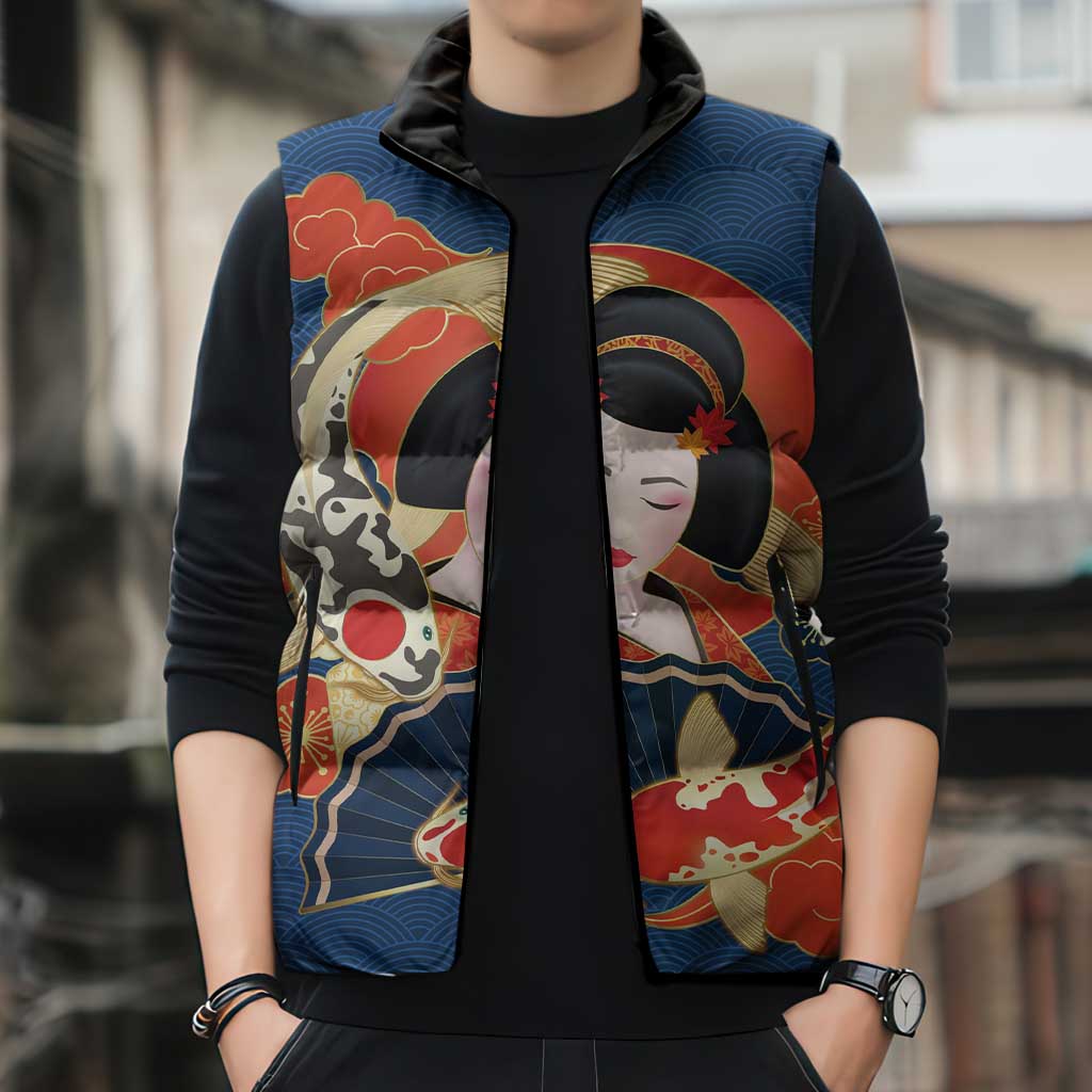 Japanese Geisha Koi Fish Sleeveless Puffer Jacket Cherry Blossoms Blue Seigaiha Pattern - Wonder Print Shop