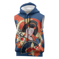 Japanese Geisha Koi Fish Sleeveless Zip Hoodie Cherry Blossoms Blue Seigaiha Pattern - Wonder Print Shop