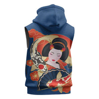 Japanese Geisha Koi Fish Sleeveless Zip Hoodie Cherry Blossoms Blue Seigaiha Pattern - Wonder Print Shop