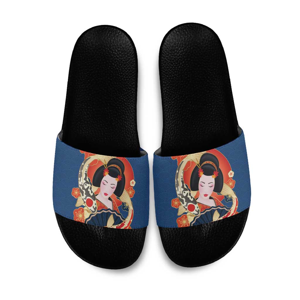 Japanese Geisha Koi Fish Slide Sandals Cherry Blossoms Blue Seigaiha Pattern - Wonder Print Shop