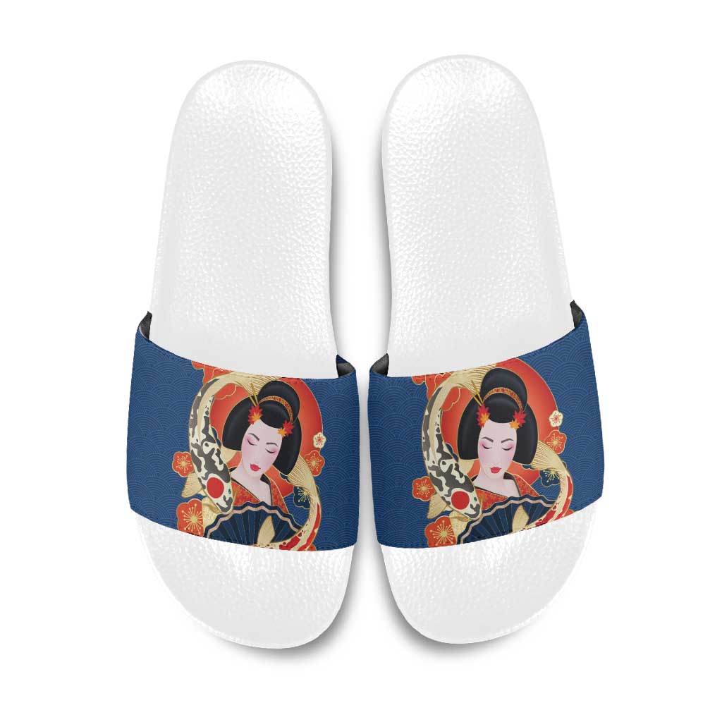 Japanese Geisha Koi Fish Slide Sandals Cherry Blossoms Blue Seigaiha Pattern - Wonder Print Shop