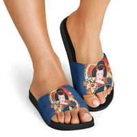 Japanese Geisha Koi Fish Slide Sandals Cherry Blossoms Blue Seigaiha Pattern - Wonder Print Shop