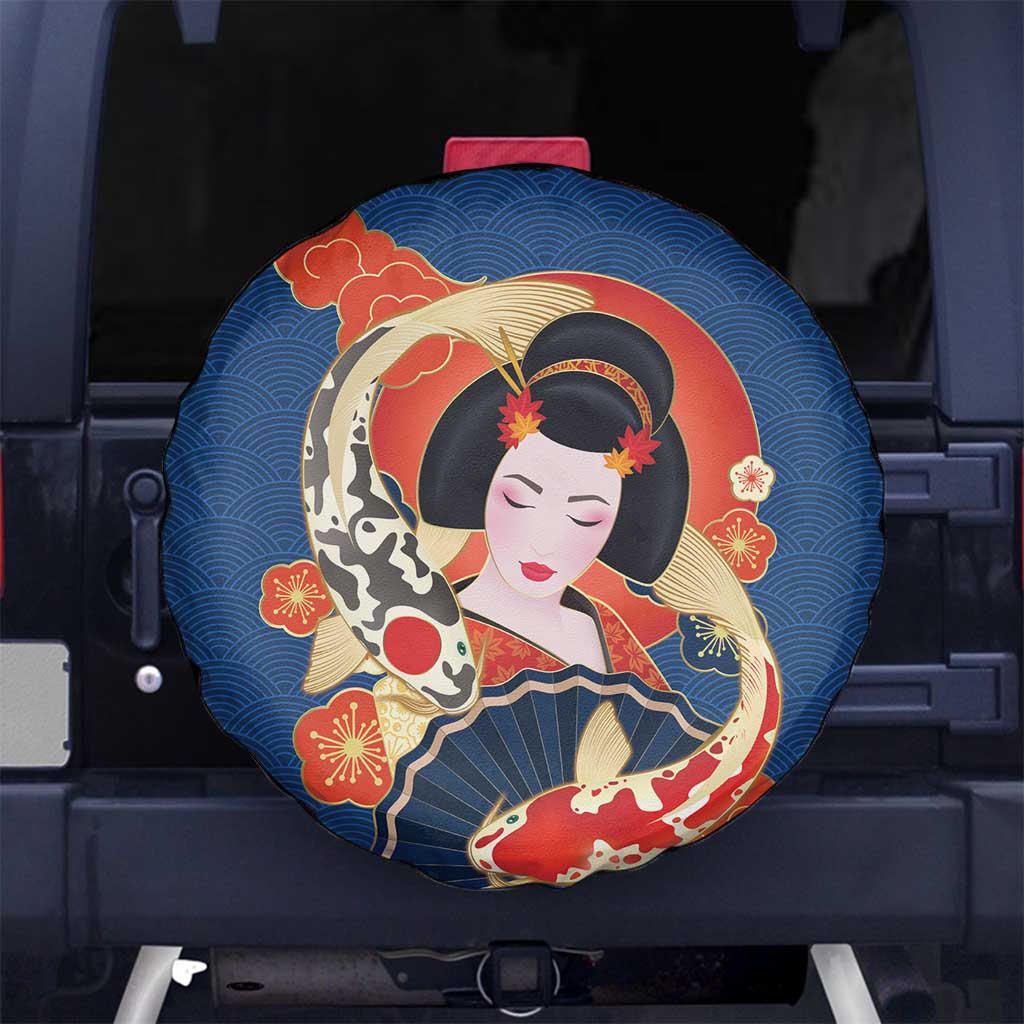 Japanese Geisha Koi Fish Spare Tire Cover Cherry Blossoms Blue Seigaiha Pattern - Wonder Print Shop